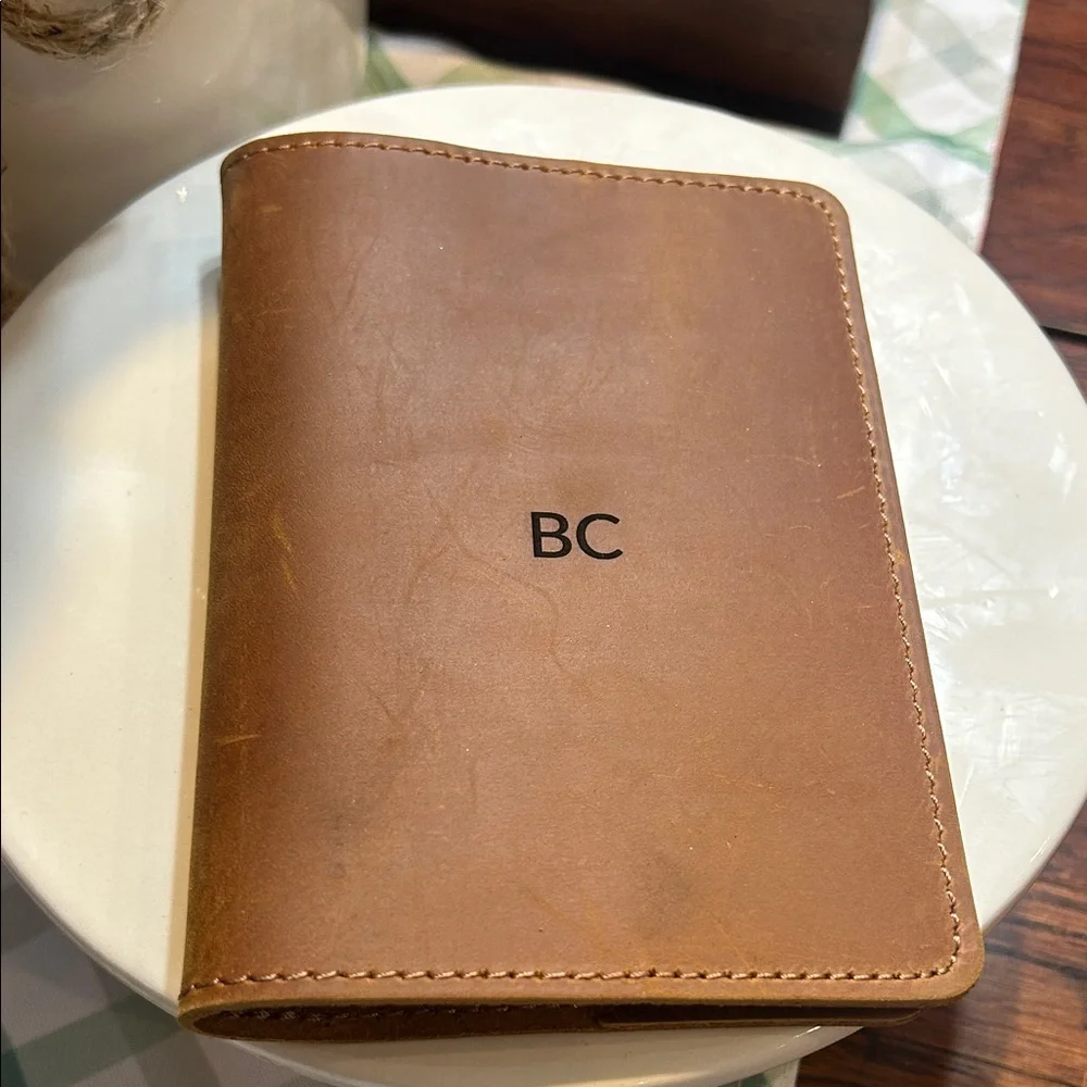 Monogrammed Tan Leather Passport Cover & Luggage Tag Set